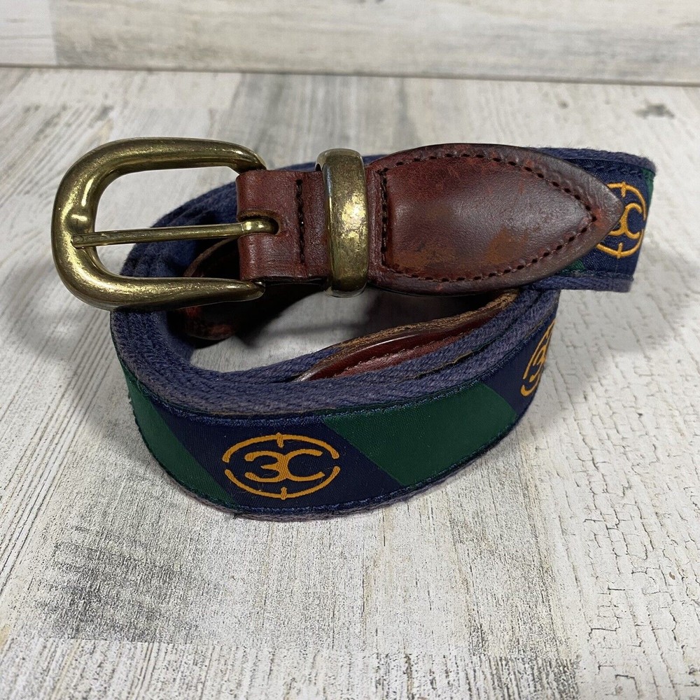 YRI Men's Golf Belt Canvas Leather Brass Green Blue Gold 3C Logo Preppy Classic